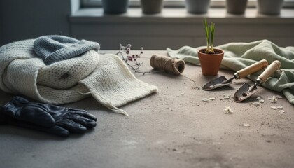 Gardening Tools and Accessories. A cozy indoor gardening setup with gloves, tools, and a small plant.