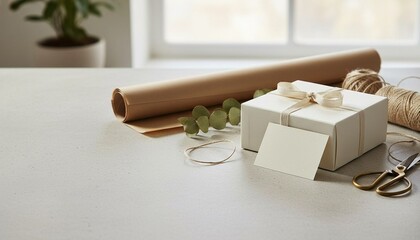 Gift Wrapping Setup. A tabletop scene with a wrapped gift, scissors, twine, wrapping paper, and decorative elements.