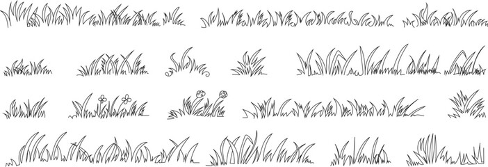 Hand-drawn collection of grass and meadow plant elements in outline style. Decorative natural borders and botanical silhouettes perfect for landscape design, eco themes, garden projects, spring and su