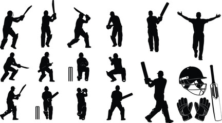Obraz premium Cricket player silhouette set, batting, bowling, wicket keeping, fielding, celebrating, cricket equipment icons, helmet, gloves, bat - flat vector illustration