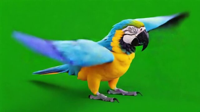 Dynamic Blue and Yellow Macaw on Green Screen Flapping Wings, Active Tropical Bird Behavior for Chroma Key Video Backgrounds