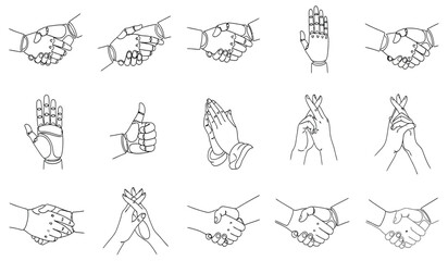 Fototapeta premium Collection of line art icons depicting various human and robotic hand gestures including agreements, greetings, and expressions of support or prayer.