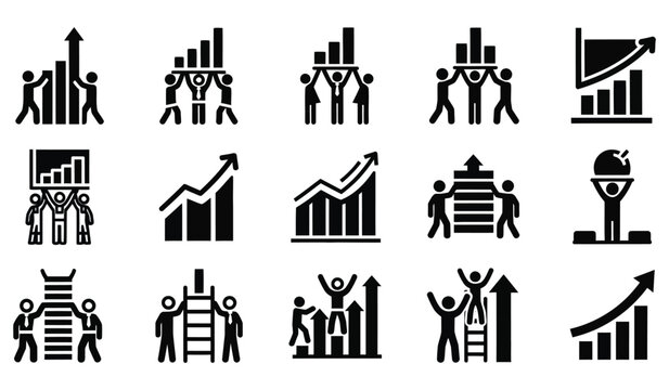 Collection of minimalist black and white icons illustrating teamwork collaboration lifting and achieving various business growth chart milestones successfully reaching targets.