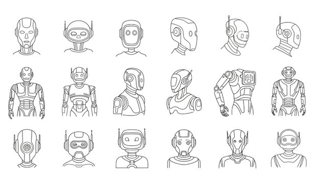 Collection of futuristic robot and android avatars displayed in a versatile outline drawing set showcasing various technological artificial intelligence designs.
