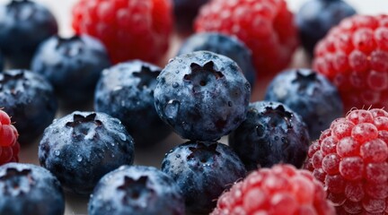 Fresh Blueberries and Raspberries with Water Droplets