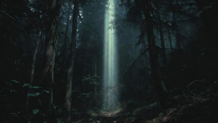 Fototapeta premium A bright, ethereal beam of light pierces the darkness of a dense, ancient forest at night.