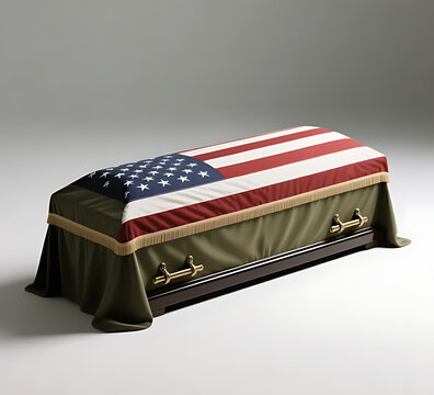 Minimalist military casket covered with a smooth ceremonial flag cloth
