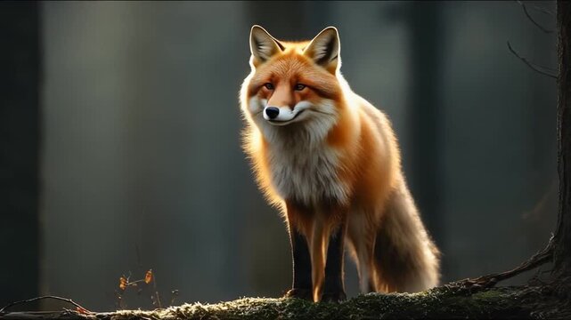 Alert red fox standing on a branch in sunlight with forest background