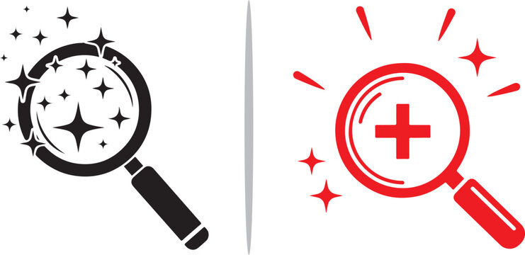 Clean vector icons featuring a sparkling black magnifying glass and a vibrant red magnifying glass with a plus sign, representing high-quality search, discovery, and zooming capabilities.