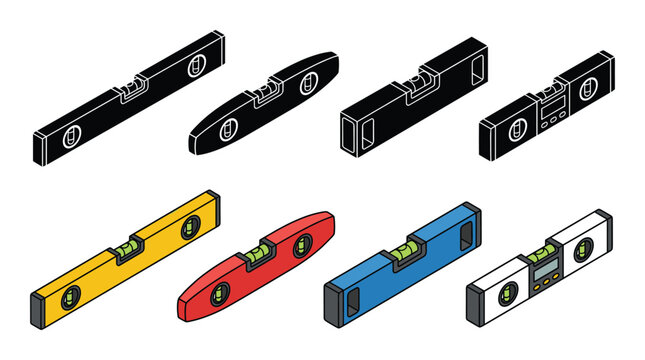 Construction spirit level tool silhouette and isometric vector isolated on transparent background