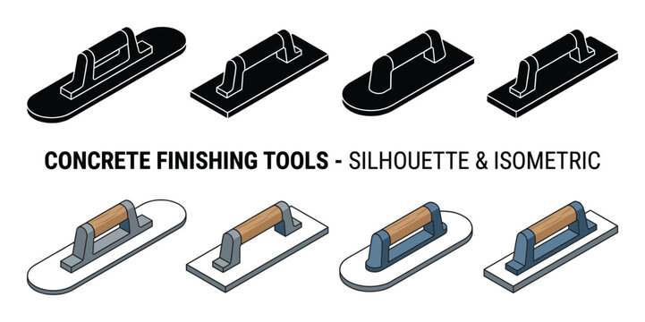 Concrete finishing tools silhouette and isometric vector isolated on transparent background