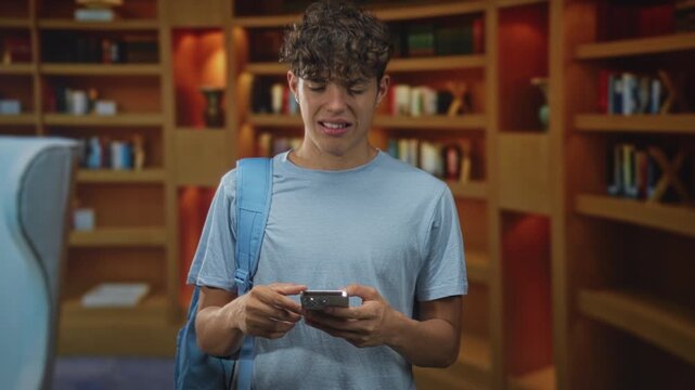 Teenage man wearing blue tshirt and backpack, holding smartphone and grimacing while looking down in library building; frustration focus.