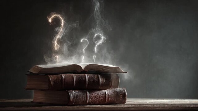 Mysterious stack of books with glowing question marks and smoke