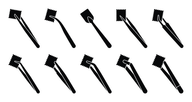 Set of tweezers for working with stamps and small objects used by collectors and jewelers