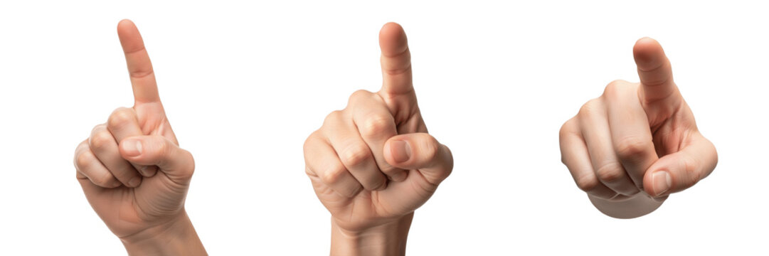 Pointing index finger hand gesture close-up isolated on white background, human hand showing direction, finger pointing, hand signal, hand communication, body language, hand posture, hand expression, 