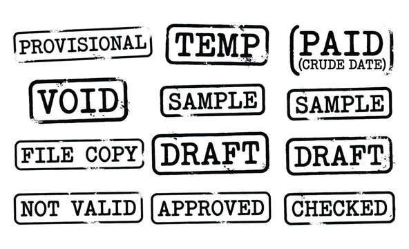 Set of twelve various rectangular vintage style stamp impressions with words for business documents
