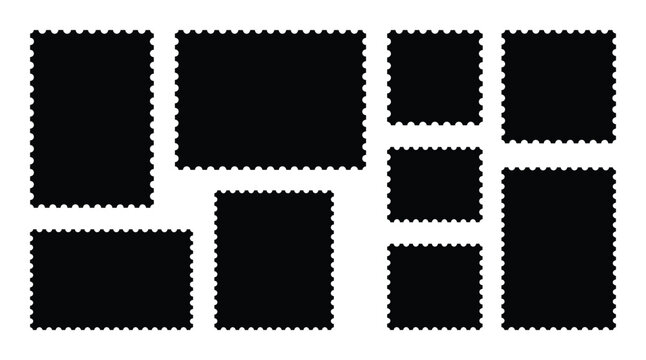 Various postal stamp silhouette vector shapes isolated on transparent background set collection