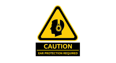 Obraz premium Caution Ear Protection Required Sign with Person Wearing Earmuffs Symbol on Isolated White Background
