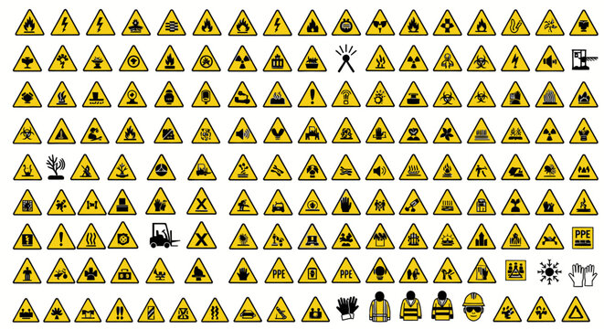 Extensive Collection of Triangular Yellow and Black Warning Safety Signs Isolated on White Background