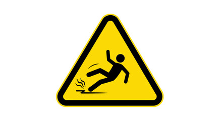 Yellow warning sign with person slipping on wet floor, indicating slippery surface hazard, isolated white background.