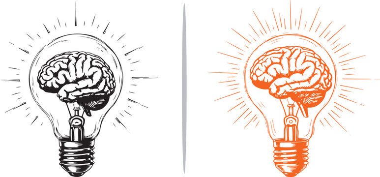 A versatile collection of vector icons featuring human brains inside glowing lightbulbs in various artistic styles, symbolizing creative intelligence, innovation, and mental energy.