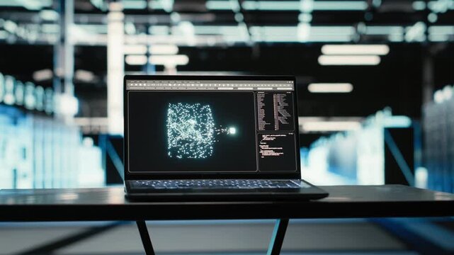 Data center AI LLM assistant on laptop supervising blue wireframe mesh equipment rigs. Large language model visualization on notebook in empty server hub, VFX compositing