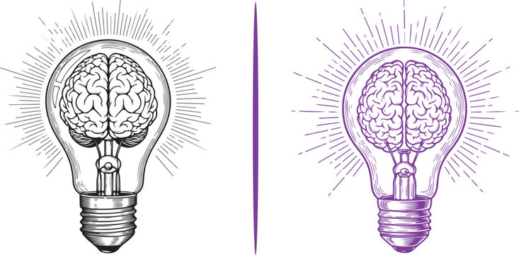 Detailed hand-drawn vector of a brain glowing inside a lightbulb, symbolizing a "eureka" moment or creative genius, presented in both black ink and purple line art styles.