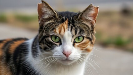 Fototapeta premium Calico cat with green eyes outdoors.