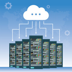 Data Center Storage and processing unit, large AI processing server room, data center storage and network processing room vector