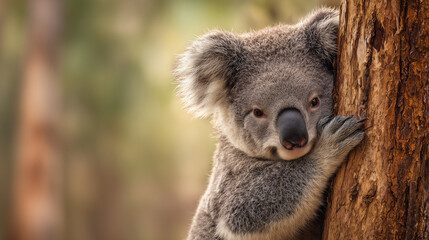 Obraz premium Ai koala resting against a tree in soft light with blurred background showcasing its natural habitat during the day