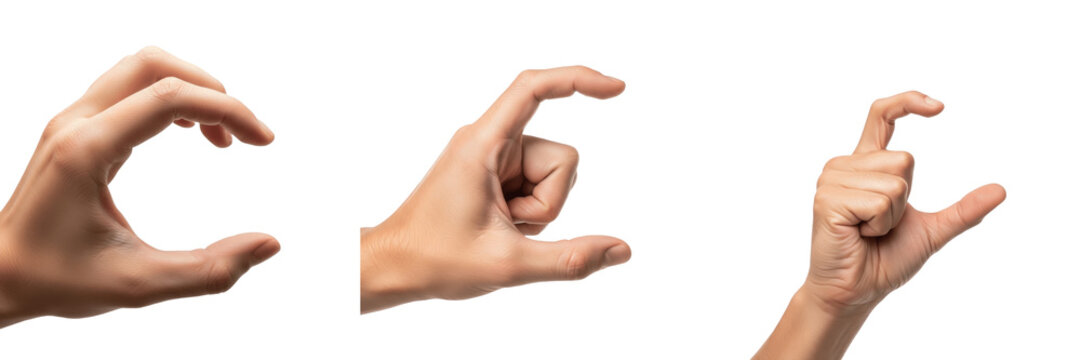 Hand making C shape gesture close-up isolated on white background, human hand forming C shape, hand communication, body language, finger gesture, hand posture, hand expression, hand close-up