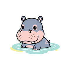 Fototapeta premium Cute cartoon hippopotamus sitting in water splash playful blue character illustration