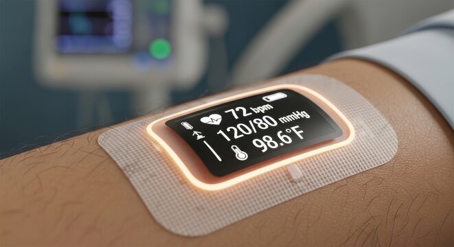 Close-up of a bio-sensor patch monitoring health vitals