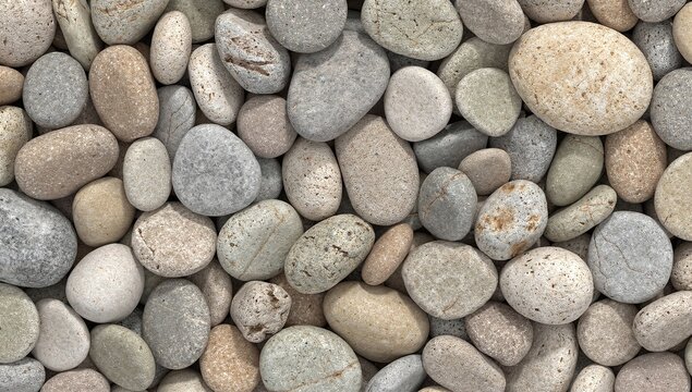 Smooth round river pebbles and stones in gray and beige colors with natural texture, top view
