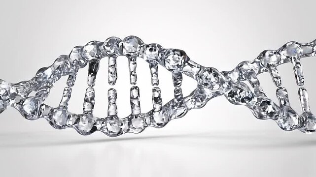 Transparent glass DNA double helix model on white background.