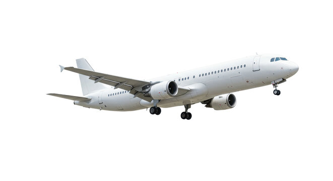 Modern unbranded commercial jetliner in mid-flight isolated on a transparent background with soft shadows, side profile view, concept of global air travel