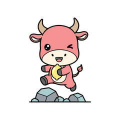 Obraz premium Cute cartoon ox or cow character running happily on rocky ground in playful animation style