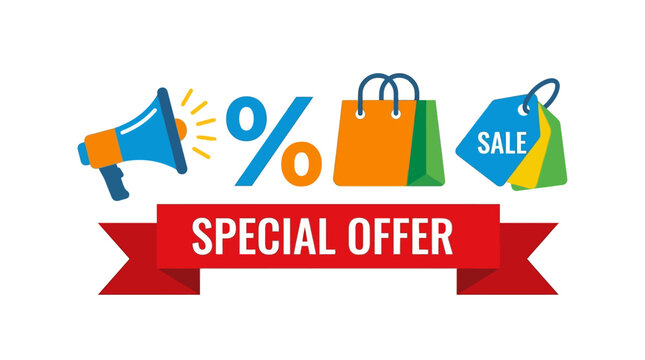 Special Offer Announcement with Shopping Bag, Sale Tag, and Megaphone Icons