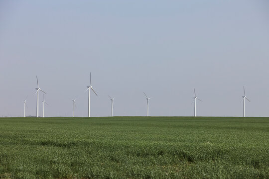 Wind turbines stand in a row behind a green agricultural field under overcast skies