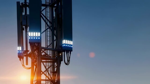 Cell tower silhouette against a changing sky. Modern telecommunication technology with signal strength visualization. Global wireless network system for high speed internet.