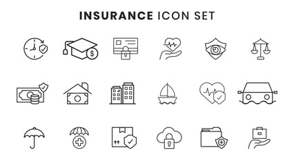 Insurance Line Icon Set &ndash; Protection, Health, Car, Home and Finance Outline Vector Icons