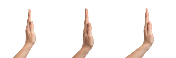 Hand making stop gesture with sideways palm close-up isolated on white background, human hand signaling halt or pause, hand communication, body language, hand posture, hand expression, finger gesture