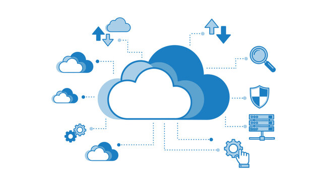 Cloud infrastructure illustration depicting various digital elements and connectivity through a central cloud symbol with diverse icons
