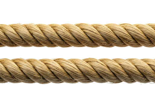 Two thick parallel segments of natural manila hemp rope with coarse texture isolated on a white studio background. Concept of strength and durability