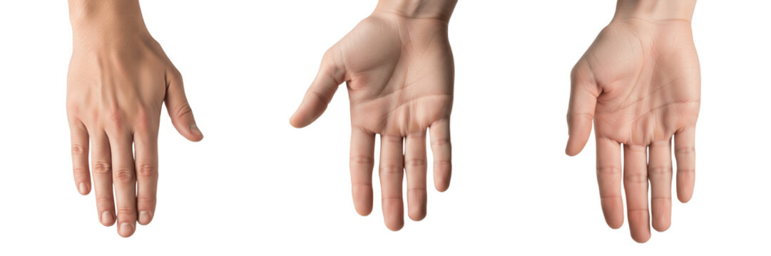 Hand showing open palm facing downward close-up isolated on white background, human hand signaling calm, stop, or control, hand communication, body language, hand posture, hand expression, finger gest