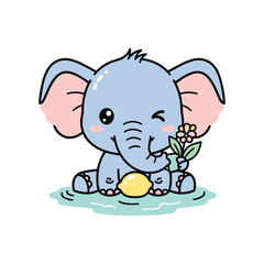 Obraz premium Cute cartoon baby elephant bathing with rubber duck and flowers in water splash illustration
