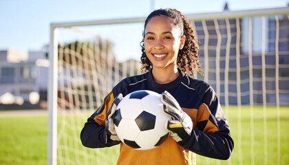 Smiling young female soccer goalkeeper holds a ball, standing proudly in front of a goal net on a sunny sports field.
