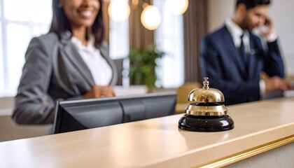 Hotel Reception Desk with Bell and Staff