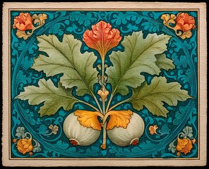 Detailed foliage frame with figs and flowing vine motifs in traditional decorative art style