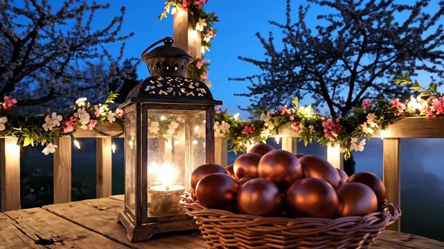 Cozy Lantern Still Life with Basket of Easter Eggs at Night